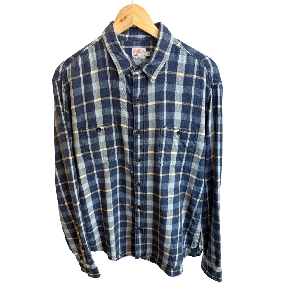 Faherty Brand Mens Large Blue Plaid Flannel Button Down Long Sleeve Shirt